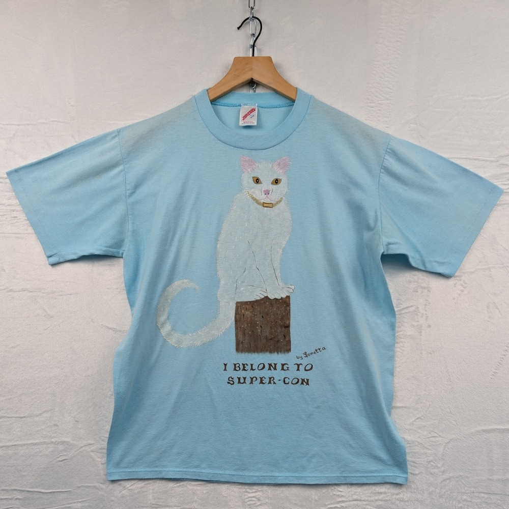 VTG Jerzees T-Shirt Men's L Blue Cat Paper Thin Art Grandmacore Cottagecore 80s